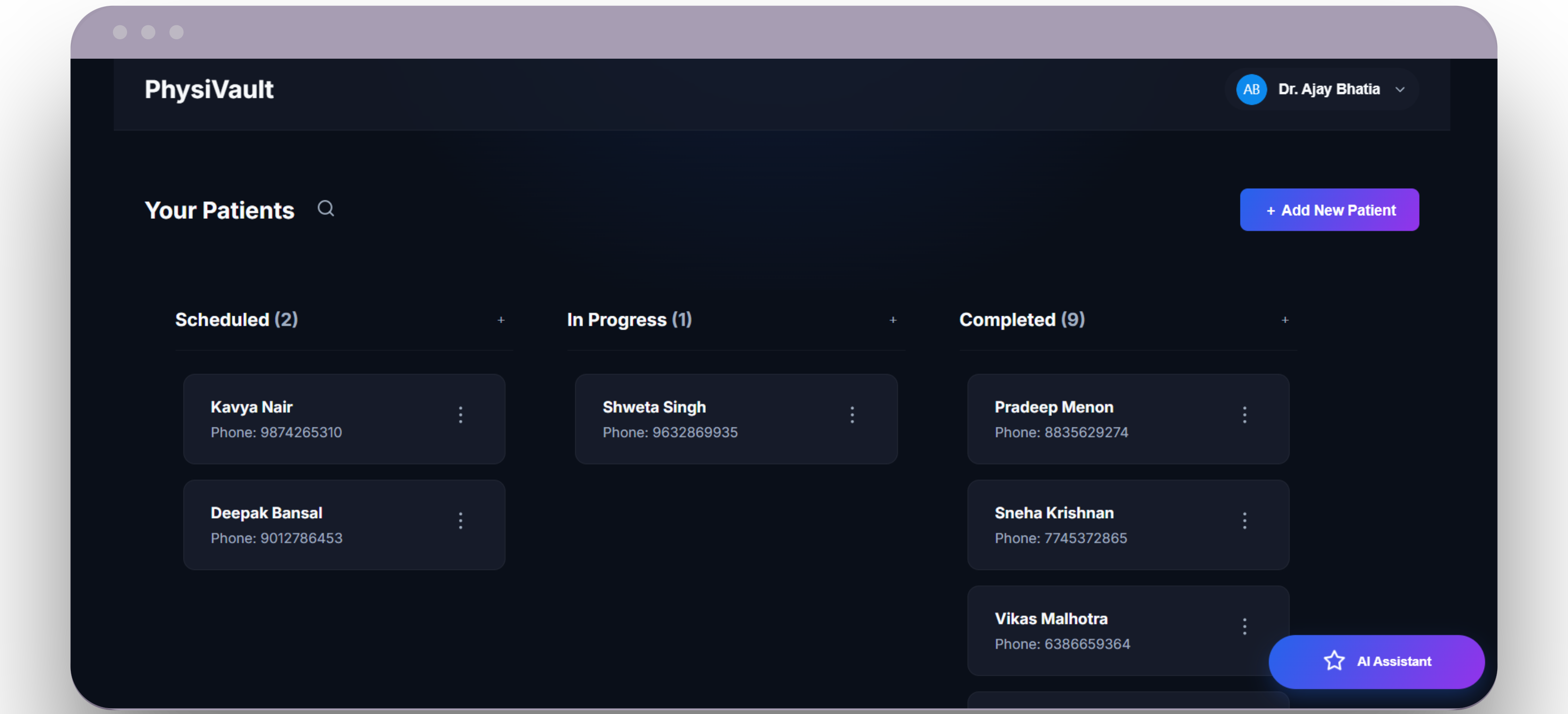 The PhysiVault Kanban board interface.